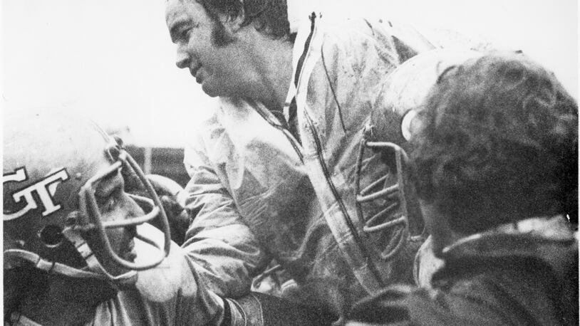 Georgia Tech coach Pepper Rodgers gets a victory ride after the Yellow Jackets defeated Georgia 34-14 on Nov. 30, 1974, at Sanford Stadium in Athens, Ga. (Georgia Tech Athletics)