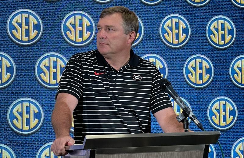 Georgia football coach Kirby Smart listens intently to a reporter's question during a 15-minute question-and-answer session on the first day of the SEC Spring Meetings on Tuesday, May 30, 2023, at the Sandestin Hilton Beach and Golf Resort in Destin, Fla. (Chip Towers/The Atlanta Journal-Constitution/TNS)