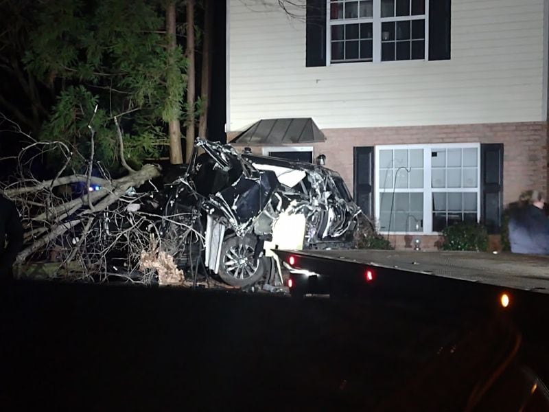 A photo of the 2021 Ford Expedition that came to rest at the Shoal Creek Apartment complex after a crash early Sunday morning. Georgia offensive lineman Devin Willock and football staff member Chandler LeCroy died in the accident