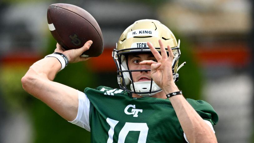 Georgia Tech's quarterback Haynes King (10) throws a ball during a training camp at Georgia Tech’s Rose Bowl Field, Tuesday, August 1, 2023, in Atlanta. (Hyosub Shin / Hyosub.Shin@ajc.com)